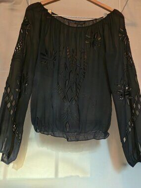 The Limited 100% Silk Black Embroidered Blouse Sheer with Cutouts size L Boho